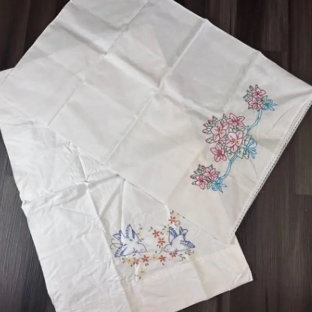 Embroidered Floral and Dove Table Linen - White with Pink & Blue Accents